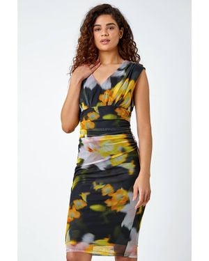 Roman Floral Ruched Bodycon Mesh Dress - White