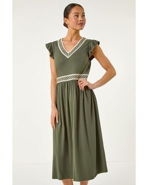 Roman Petite Crochet Trim Midi Dress - Green