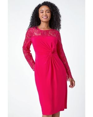 Roman Petite Lace Detail Knot Front Bodycon Dress - Red