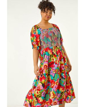 Roman Curve Floral Shirred Midi Dress
