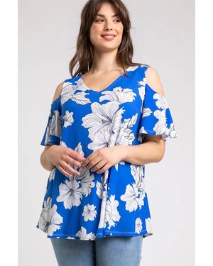 Roman Curve Floral Print V-Neck Cold Shoulder Top - Blue