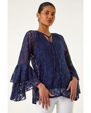 Roman Tie Neck Lace Detail Top - Blue