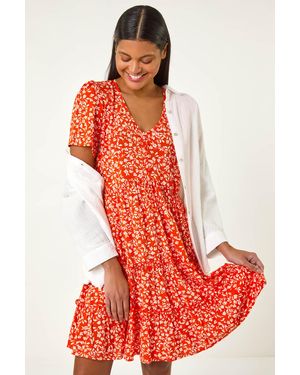 Roman Floral Print V-Neck Smock Dress - Red