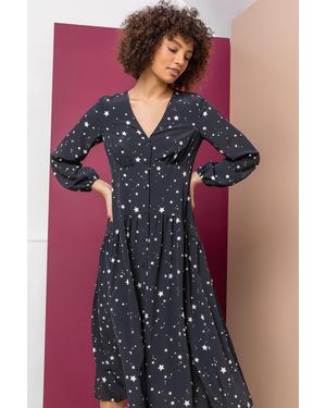 D.u.s.k Star Print Chiffon Fit & Flare Midi Dress - Black