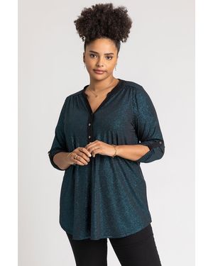 Roman Curve Glitter Stripe Button Detail Top - Blue