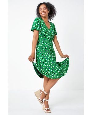 Roman Petite Spot Frill Hem Stretch Skater Dress - Green