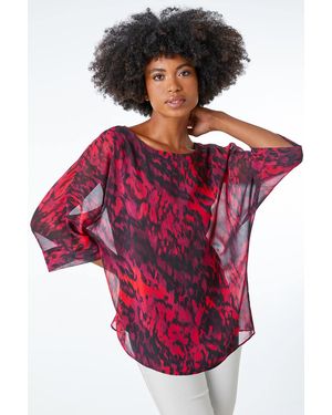 Roman Animal Print Chiffon Overlay Top - Red
