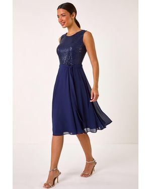 Roman Sequin Bodice Betlted Chiffon Dress - Blue