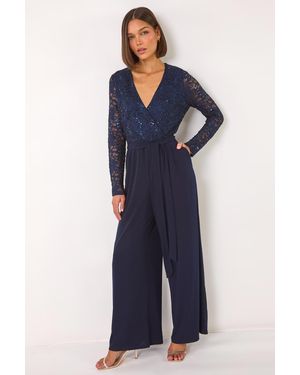 Roman Sequin Lace V-Neck Stretch Jumpsuit - Blue