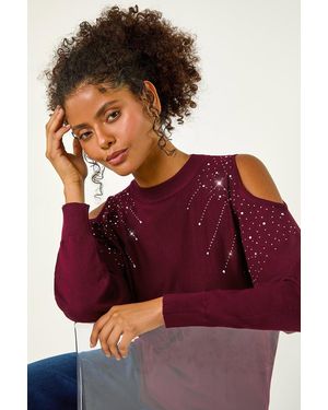 D.u.s.k Embellished Cold Shoulder Knit Jumper - Red