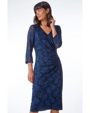 Roman Palm Print Ruched Lace Dress - Blue