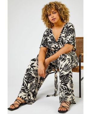 Roman Curve Tropical Print Jumpsuit - Black