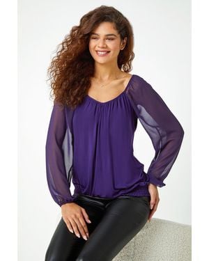 Roman Chiffon Sleeve Bubble Hem Stretch Top - Purple