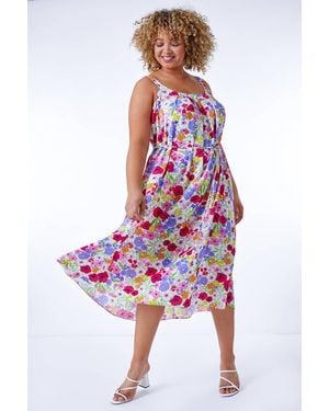 Roman Curve Floral Belted Midi Dress - White