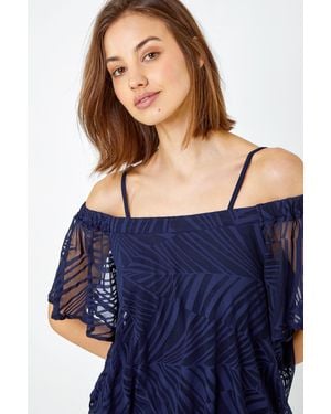 Roman Burnout Palm Print Cold Shoulder Top - Blue