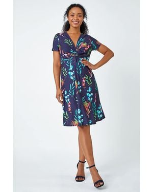 Roman Petite Floral Twist Detail Stretch Dress - Blue