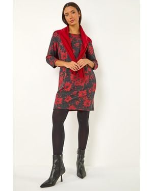 Roman Floral Print Pocket Shift Stretch Dress - Red