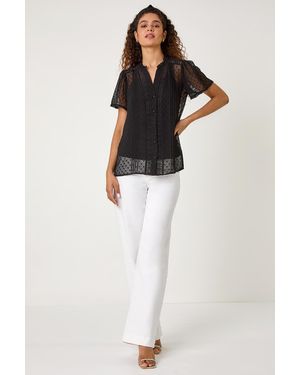 Roman Textured Spot Lace Trim Blouse - Black