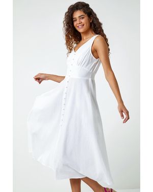 Roman Button Detail Cotton Midi Dress - White