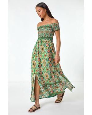 Roman Petite Abstract Bardot Maxi Dress - Green