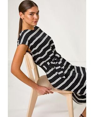Roman Stripe Tie Side Stretch Midi Dress - Black