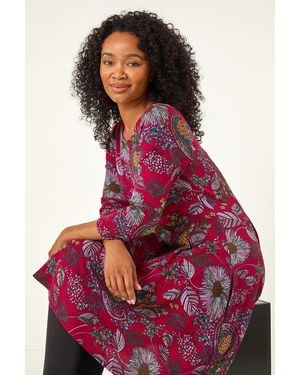 Roman Petite Floral Print A-Line Stretch Dress - Red