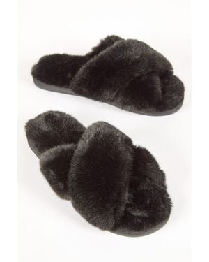 Roman Cross Over Faux Fur Mule Slipper - Black