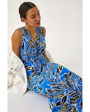 Roman Leaf Puff Print Maxi Dress - Blue