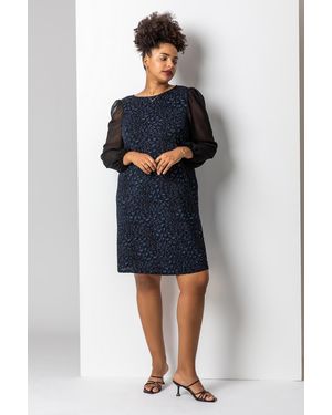 Roman Curve Glitter Leopard Print Mesh Sleeve Dress - Blue