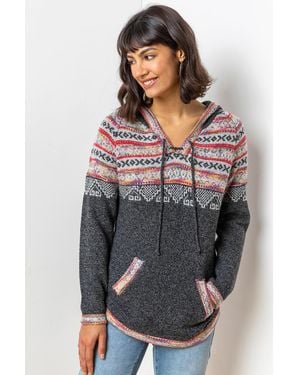 Roman Nordic Print Hooded V-Neck Jumper - Grey