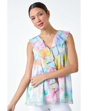 Roman Floral Print V-Neck Ruffle Front Top - White