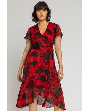 Roman Floral Print Chiffon Wrap Midi Dress - Red