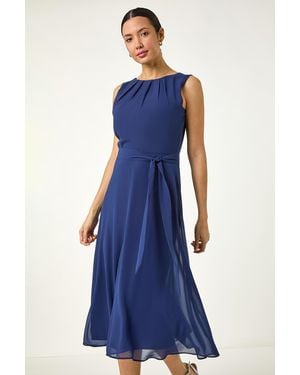 Roman Chiffon Pleated Neck Midi Dress - Blue