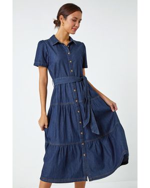 Roman Denim Tiered Cotton Midi Dress - Blue