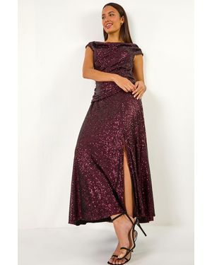 Roman Sequin Cowl Neck Maxi Stretch Dress - Red