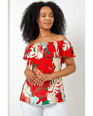 Roman Petite Tropical Print Bardot Top - Orange