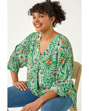 Roman Curve Printed Pleat Front Top - Green