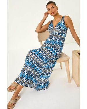 Roman Geometric V-Neck Maxi Dress - Blue