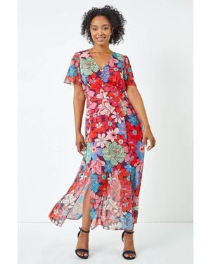 Roman Petite Floral Button Front Chiffon Midi Dress - Red