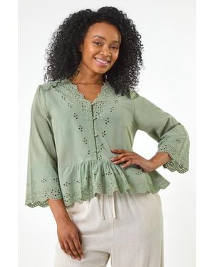 Roman Petite Broderie Scallop Blouse - Green