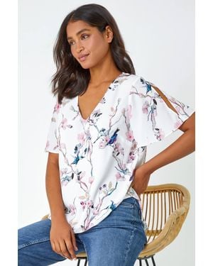 Roman Floral Angel Sleeve V-Neck Top - White