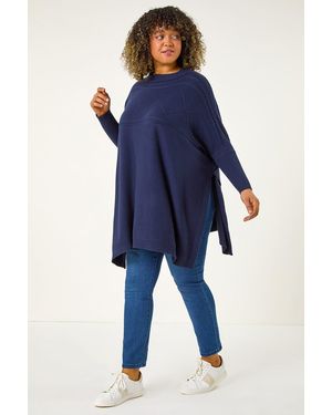 Roman Curve High Neck Cable Knit Poncho - Blue