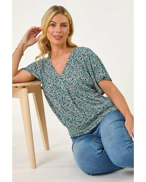Roman Petite Ditsy Print Crinkle Blouson Top - Blue