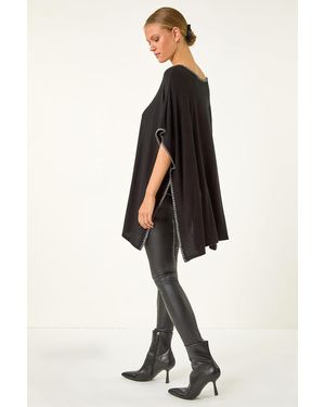 Roman Blanket Stitch Knit Poncho - Black
