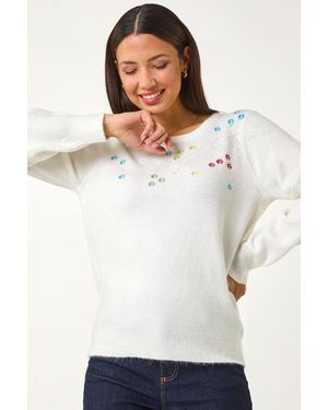 Roman Embroidered Pointelle Knit Jumper - White