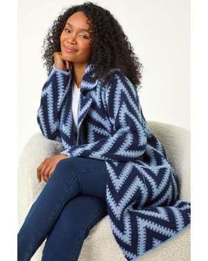 Roman Petite Chevron Print Pocket Knit Coatigan - Blue