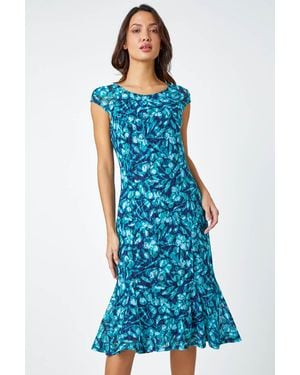 Roman Floral Print Lace Midi Stretch Dress - Blue