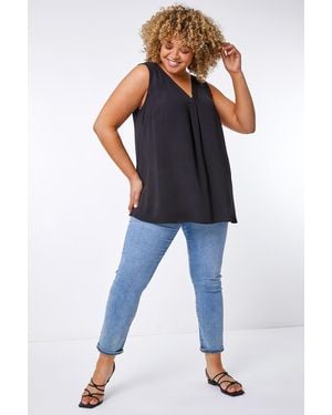 Roman Curve V-Neck Pleat Tank Top - Black