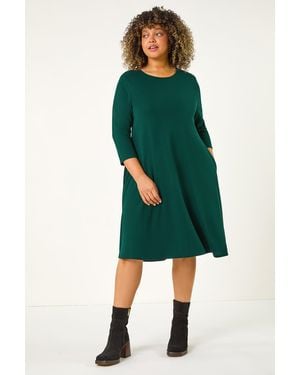 Roman Curve Pocket Detail Swing Stretch Dress - Green