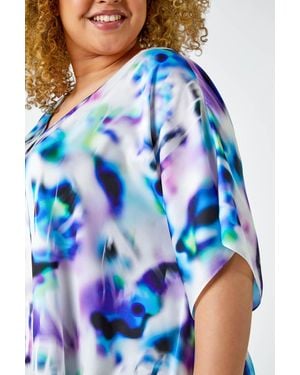 Roman Curve Watercolour V-Neck Chiffon Tunic Top - Blue